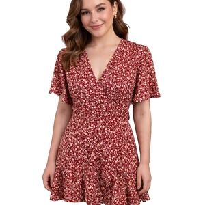 BLOSSOM Size 10 (US S) Red Ditsy Floral Surplice Ruffled Cottagecore Mini Dress‎